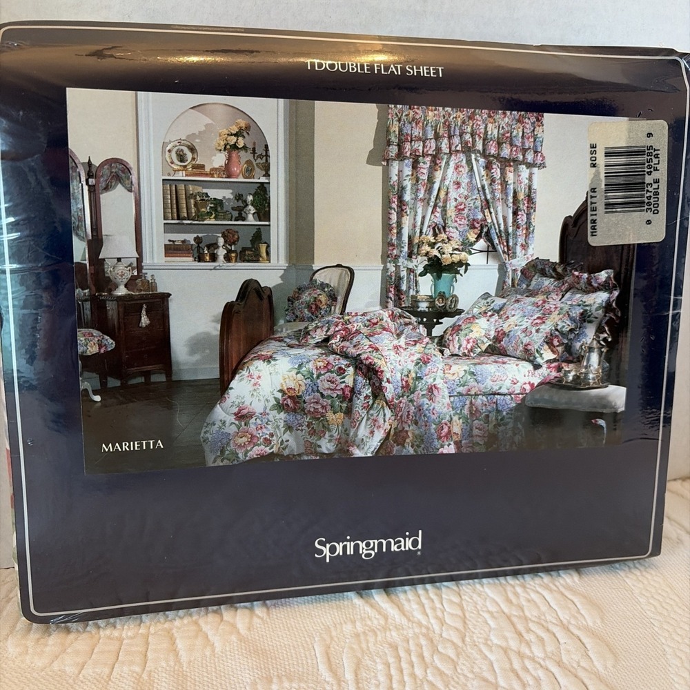 Vintage Springmaid Double Flat Sheet Marietta Floral Rose Pink Blue Percale New - Picture 3 of 3